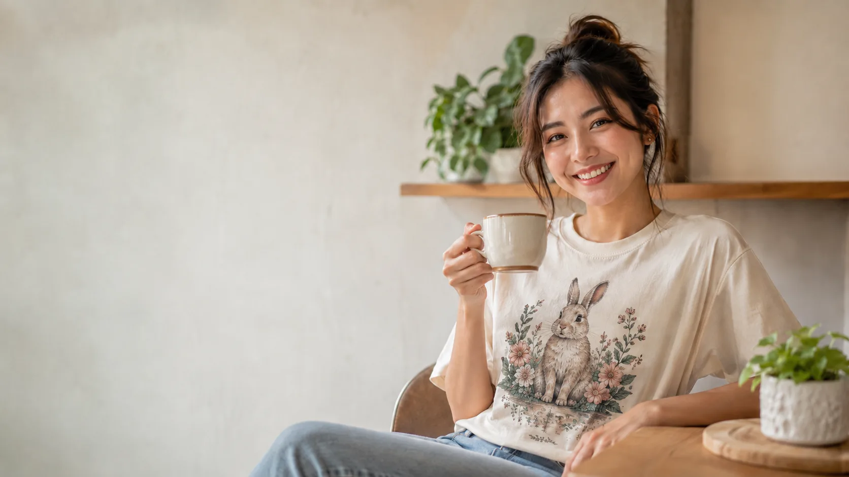 Smiling customer in a custom floral-rabbit tee holding a coffee mug