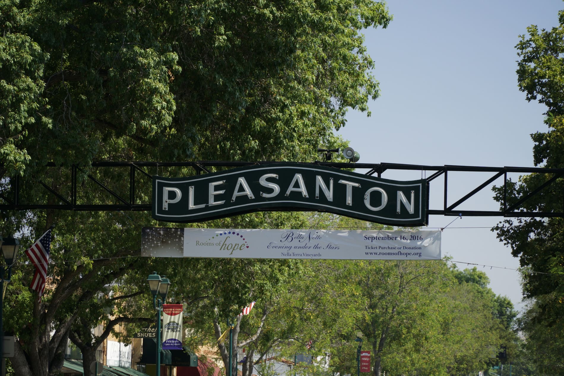 The historic Main Street arch sign over downtown Pleasanton, California
