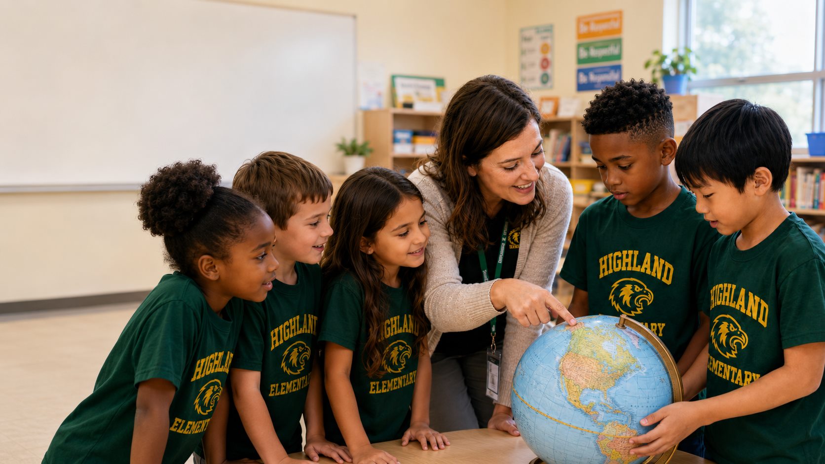 Elementary students in custom school spirit shirts around a globe with their teacher