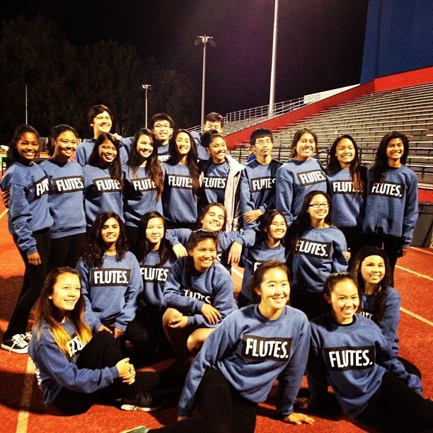 Irvington High School band flute section in matching custom crewnecks