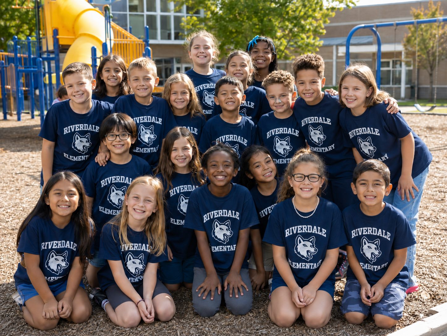 A group of students in matching custom school shirts